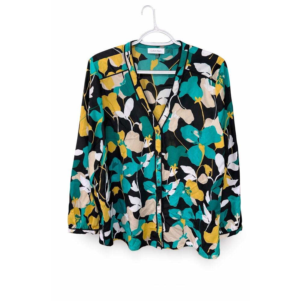 Calvin Klein Women’s Floral Flowy Modern Blouse Black Teal Yellow V-Neck Large - Picture 2 of 8